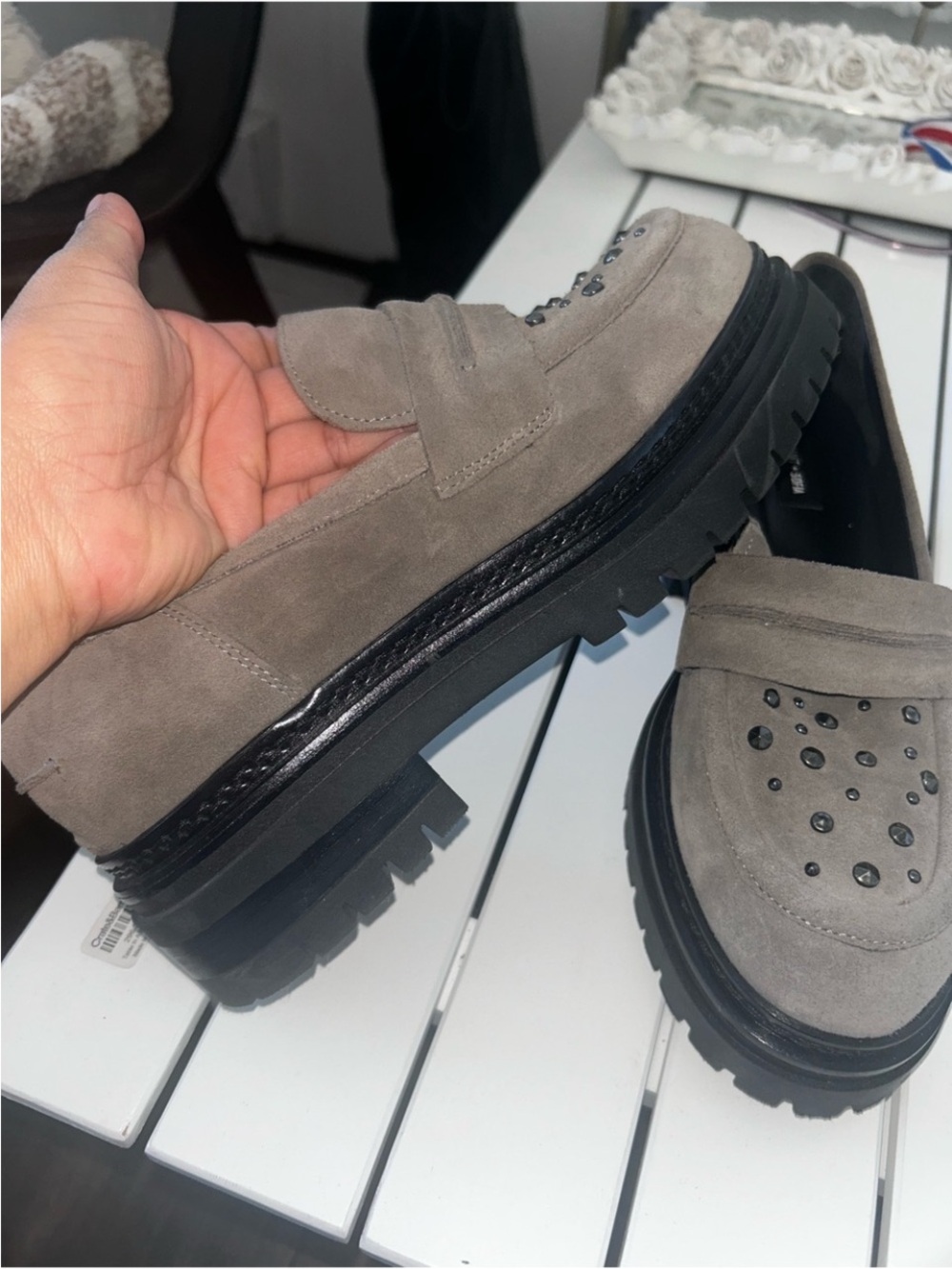 Women’s Taupe Suede Lug Sole Slip-On Loafers